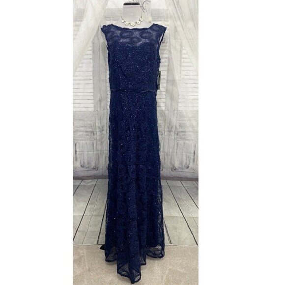 Emma Street Size 12 Blue Corded Lace Sequins Gown Dress Full Length Mesh Overlay